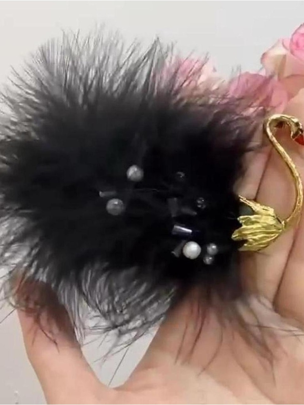 Stunning Large Black and gold tone swan brooch, with faux pearls and feathers